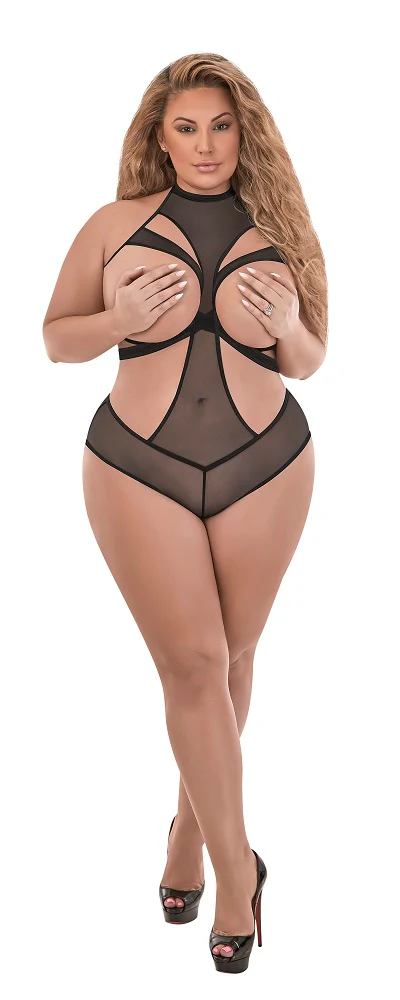 Exposed Sheer Mesh Cupless Crotchless Halter Teddy Black Queen M242