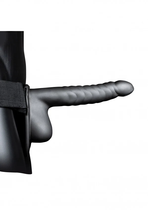 Ouch Ribbed Hollow Strap-On w/Balls 8" Grey - Image 4