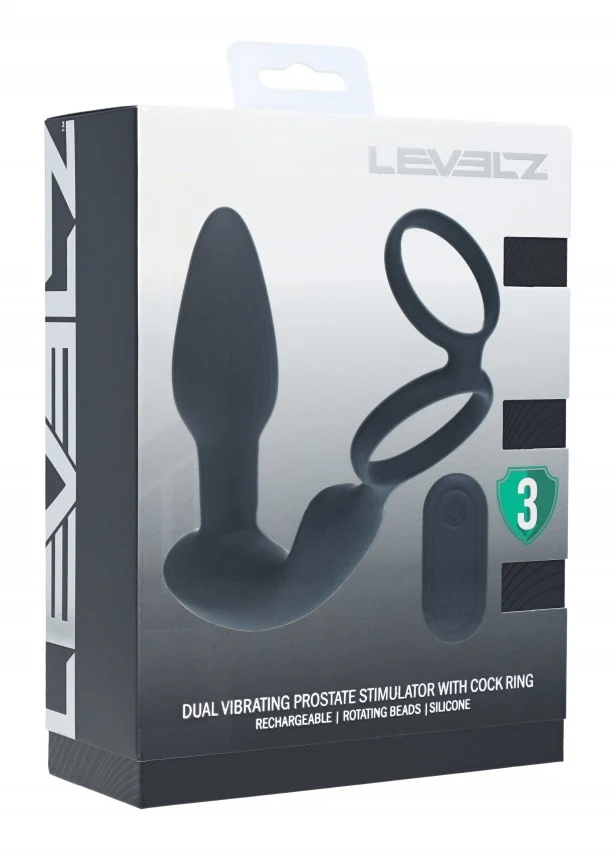 Levelz Dual Vibrating Remote Control & Rotating Beads Silicone Prostate Stimulator with Cock & Ball Rings