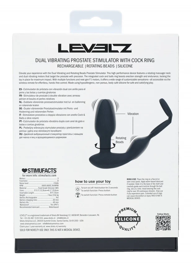 Levelz Dual Vibrating Remote Control & Rotating Beads Silicone Prostate Stimulator with Cock & Ball Rings - Image 2